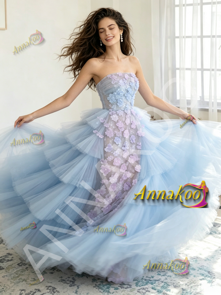 Shop 2026 ANNAKOO Detachable Train Strapless Tulle Flowers A Line Blue Prom Dress Under 298