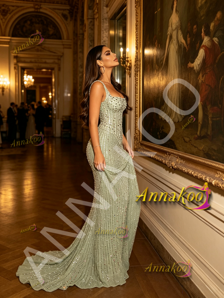 Straps Green Beading Trumpet Mermaid Sparkle Prom Dress