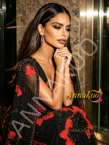 Luxury Red Beading V Neck Cape Trumpet Mermaid Prom Dress