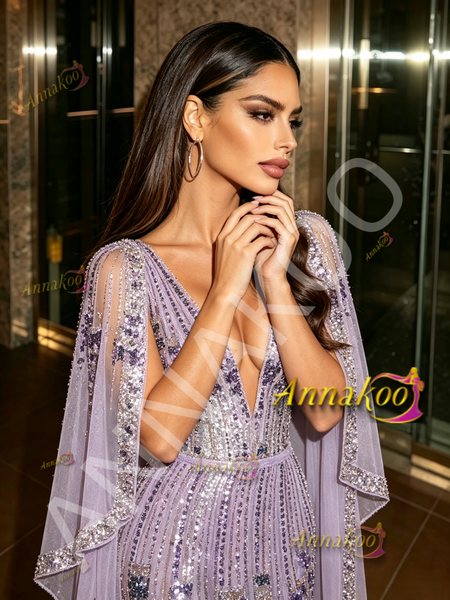 Colorful Beading V Neck Cape Trumpet Mermaid Purple Prom Dress