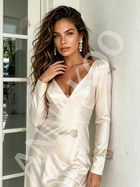 Elastic Satin Champgne V Neck Long Sleeve Tea Length Wedding Dress With Slit