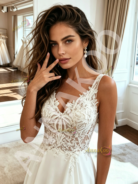 Lace V Neck A Line Chiffon Sleeve Wedding Dress With Slit