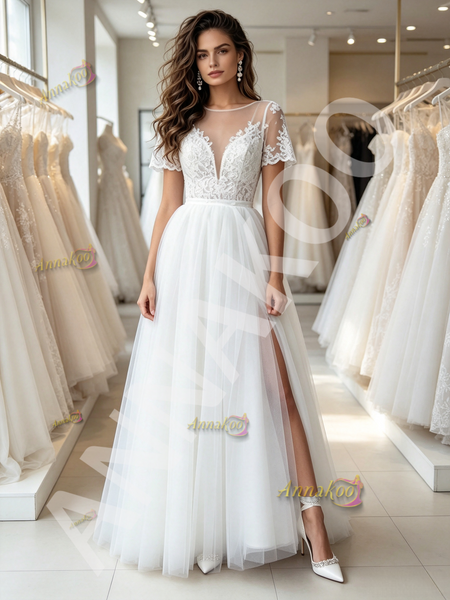 Sheer Scoop A Line Tulle Cap Sleeve Wedding Dress With Slit