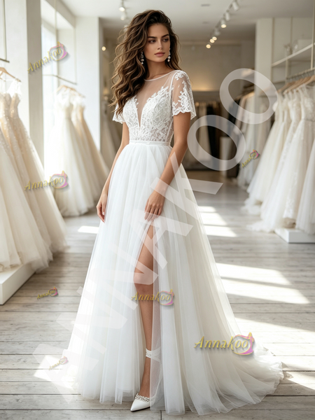 Sheer Scoop A Line Tulle Cap Sleeve Wedding Dress With Slit