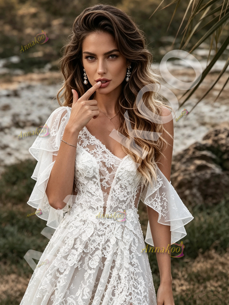 Shop 2026 ANNAKOO Short Sleeve Off The Shoulder A Line Lace Tulle Wedding Dress Under 239