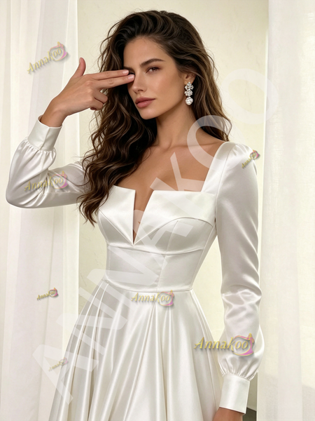 Shop 2026 ANNAKOO Long Sleeve Satin Square A Line Wedding Dress With Slit Under 169