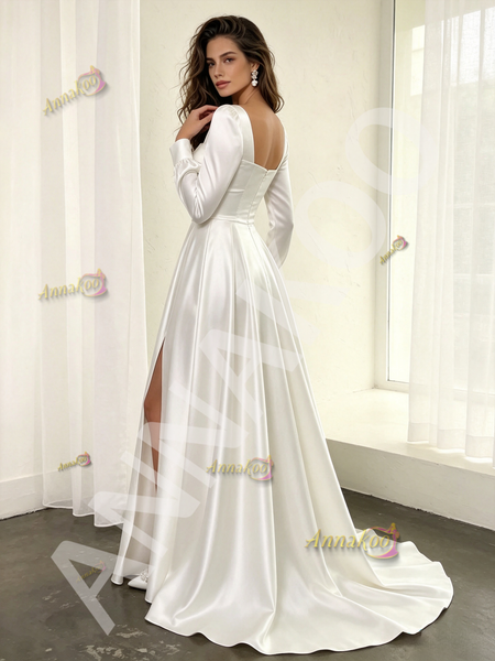 Shop 2026 ANNAKOO Long Sleeve Satin Square A Line Wedding Dress With Slit Under 169
