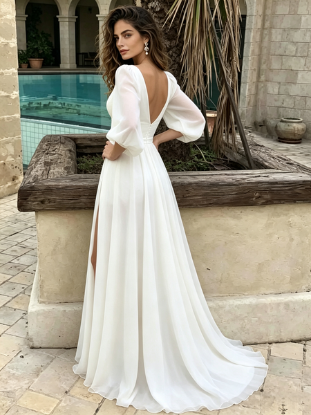 Long Sleeve Chiffon Deep V Neck A Line Wedding Dress With Slit