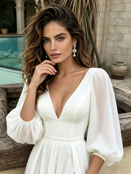Long Sleeve Chiffon Deep V Neck A Line Wedding Dress With Slit