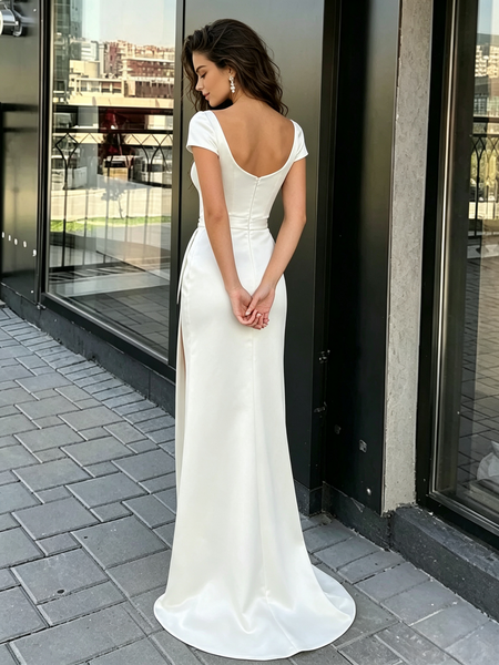 Shop 2026 ANNAKOO Cap Sleeve Sweetheart Sheath Column Satin Wedding Dress Under 159