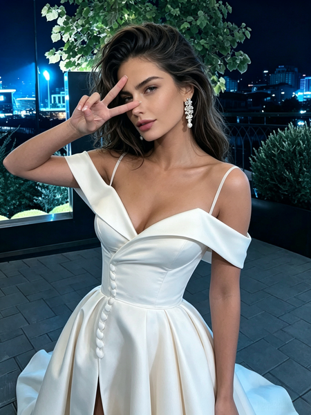 Shop 2026 ANNAKOO Spaghetti Straps Buttons Off The Shoulder Satin Wedding Dress With Slit Under 249