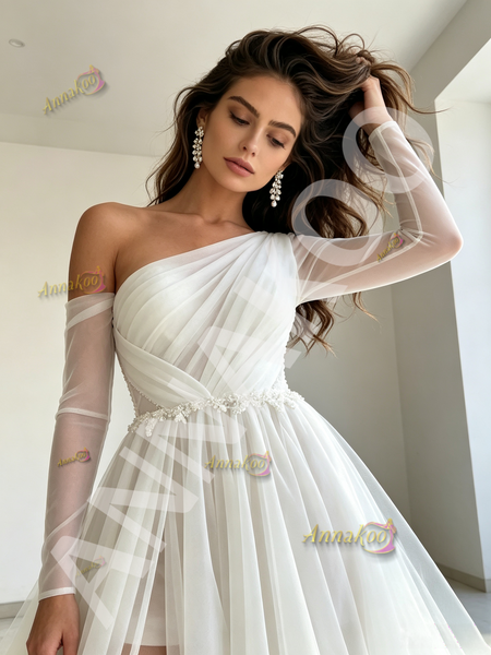 Shop 2026 ANNAKOO Asymmetrical Long Sleeve Tulle A Line White Wedding Dress With Slit Under 198