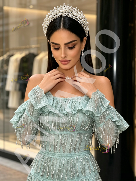 Shop 2026 ANNAKOO Off The Shoulder Tassel Green Long Sleeve Prom Dress With Slit Under 239