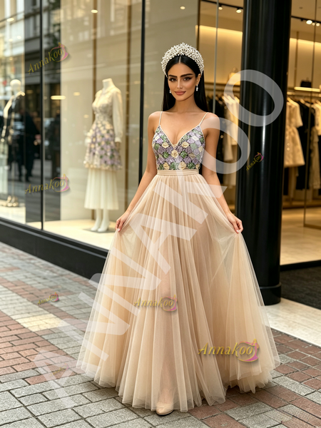 Champagne Strapless Beading Colorful A Line Tulle Prom Dress
