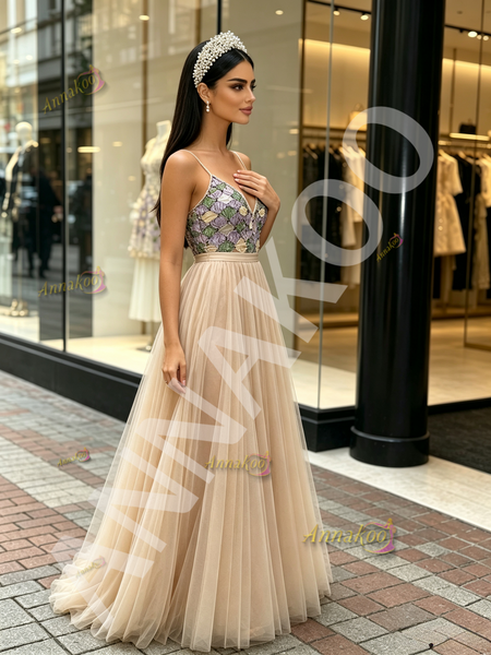 Champagne Strapless Beading Colorful A Line Tulle Prom Dress