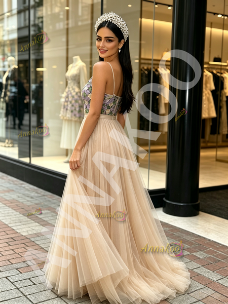 Champagne Strapless Beading Colorful A Line Tulle Prom Dress