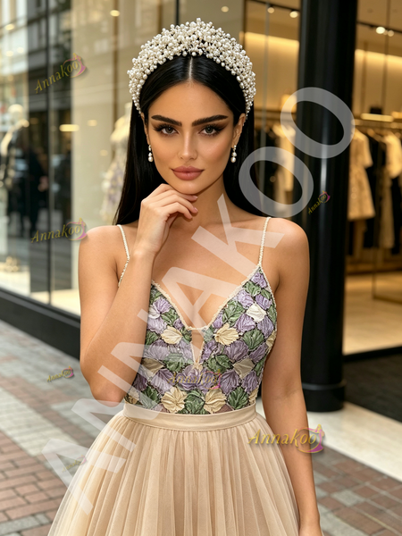Champagne Strapless Beading Colorful A Line Tulle Prom Dress