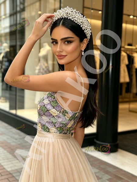 Champagne Strapless Beading Colorful A Line Tulle Prom Dress