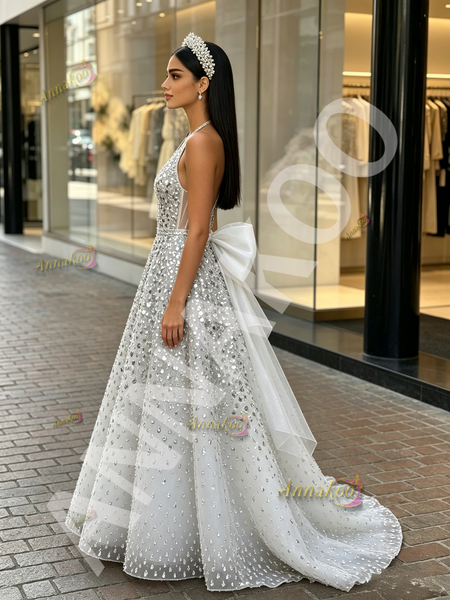 Shop 2026 ANNAKOO V Neck Beading A Line Sequin Beading Silver Tulle Prom Dress With Bow Under 498