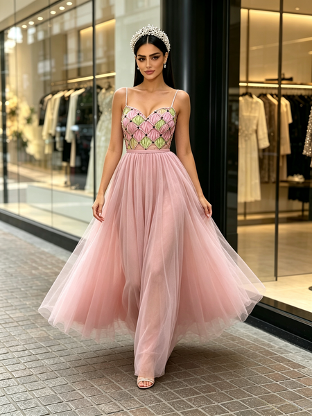 Shop 2026 ANNAKOO Spaghetti Straps Pearls Tulle A Line Pink Prom Dress Under 198