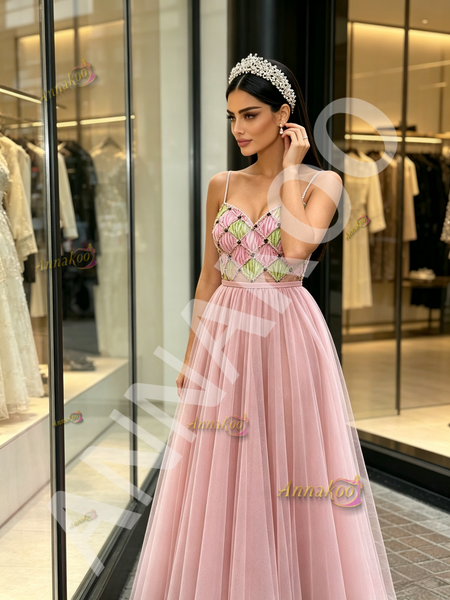 Shop 2026 ANNAKOO Spaghetti Straps Pearls Tulle A Line Pink Prom Dress Under 198