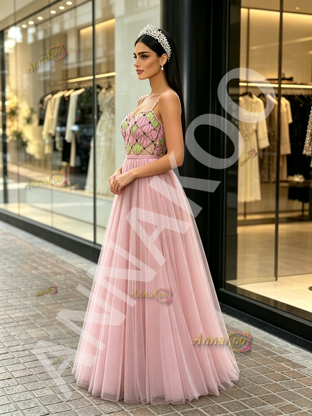 Shop 2026 ANNAKOO Spaghetti Straps Pearls Tulle A Line Pink Prom Dress Under 198