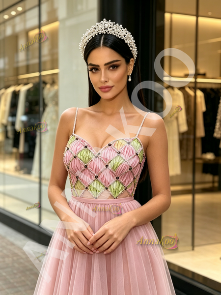 Shop 2026 ANNAKOO Spaghetti Straps Pearls Tulle A Line Pink Prom Dress Under 198