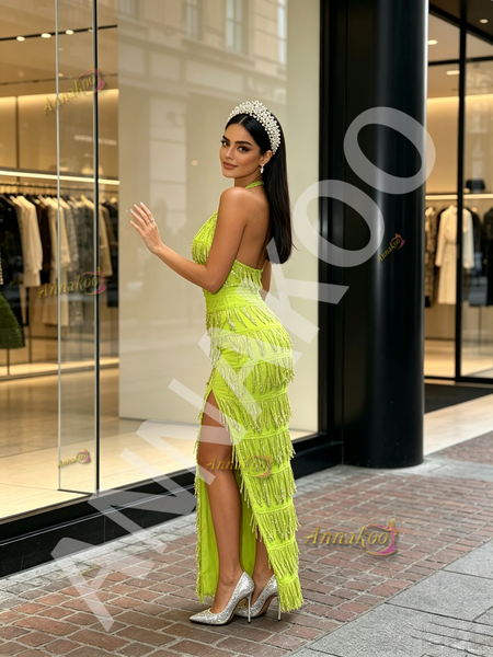 Green Halter Strapless Tassel A Line Prom Dress With Slit