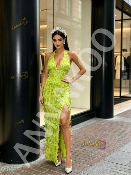 Strapless Tassel Green Halter Prom Dress With Slit