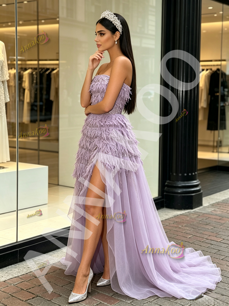 Shop 2026 ANNAKOO Strapless Tassel Lavender Tulle Sequin Ruffles Prom Dress Under 229