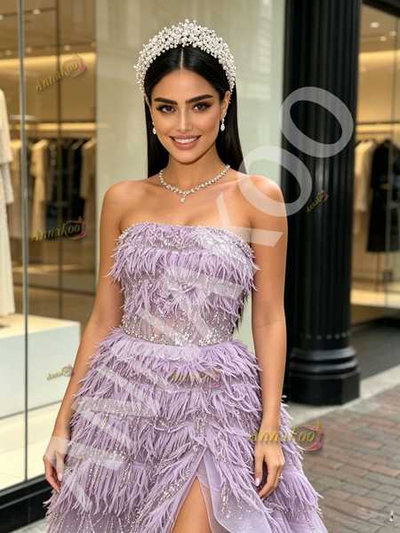 Shop 2026 ANNAKOO Strapless Tassel Lavender Tulle Sequin Ruffles Prom Dress Under 229