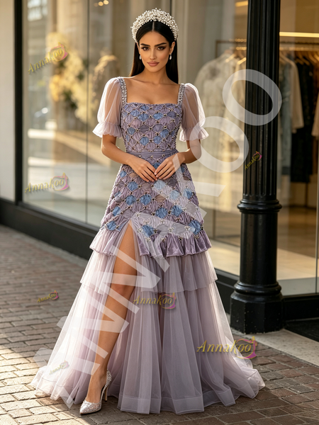 Shop 2026 ANNAKOO Square Short Sleeve Beading Tulle Purple Prom Dress Under 229