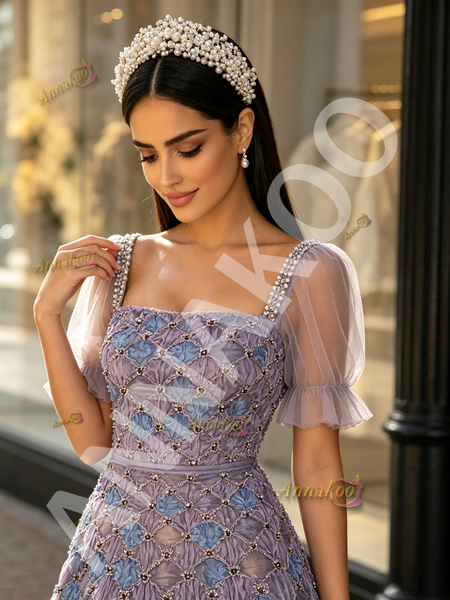 Shop 2026 ANNAKOO Square Short Sleeve Beading Tulle Purple Prom Dress Under 229