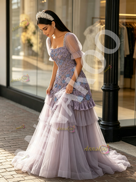 Shop 2026 ANNAKOO Square Short Sleeve Beading Tulle Purple Prom Dress Under 229