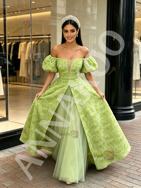 Shop 2026 ANNAKOO Tulle Puffy Sleeve Rose A Line Sheer Green Prom Dress Under 229