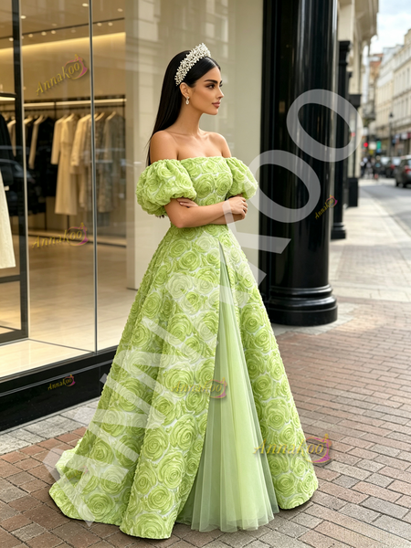 Shop 2026 ANNAKOO Tulle Puffy Sleeve Rose A Line Sheer Green Prom Dress Under 229