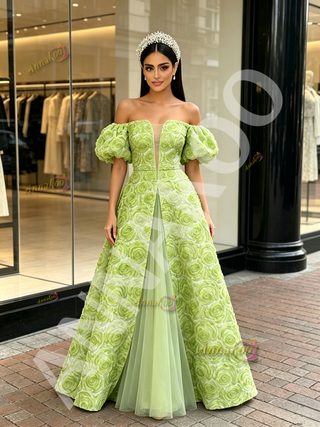 Shop 2026 ANNAKOO Tulle Puffy Sleeve Rose A Line Sheer Green Prom Dress Under 229