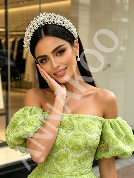 Shop 2026 ANNAKOO Tulle Puffy Sleeve Rose A Line Sheer Green Prom Dress Under 229