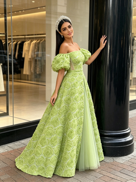 Shop 2026 ANNAKOO Tulle Puffy Sleeve Rose A Line Sheer Green Prom Dress Under 229