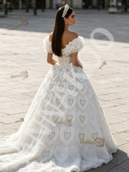 Off The Shoulder Beading Heart Ruffles Ball Gown Prom Dress