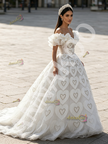 Off The Shoulder Beading Heart Ruffles Ball Gown Prom Dress
