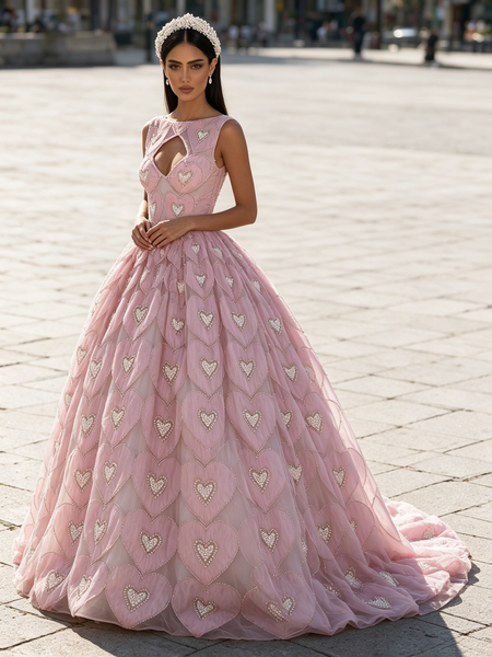 Shop 2026 ANNAKOO Pink Heart Pearls Keyhole A Line Jewel Tulle Prom Dress Under 298