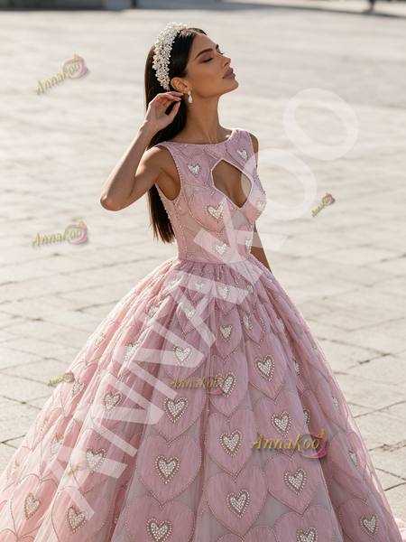 Shop 2026 ANNAKOO Pink Heart Pearls Keyhole A Line Jewel Tulle Prom Dress Under 298