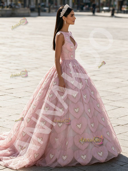 Shop 2026 ANNAKOO Pink Heart Pearls Keyhole A Line Jewel Tulle Prom Dress Under 298
