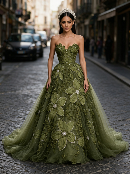 Shop 2026 ANNAKOO Olive Green Tulle Sweetheart Rose Pearls Prom Dress Under 349