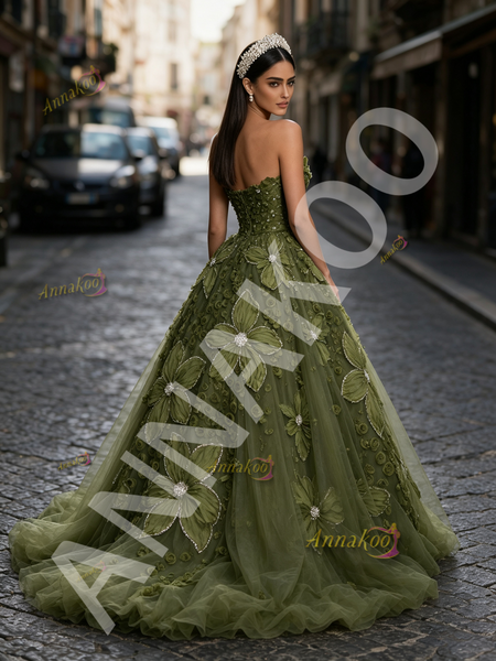 Shop 2026 ANNAKOO Olive Green Tulle Sweetheart Rose Pearls Prom Dress Under 349