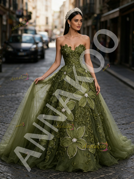 Shop 2026 ANNAKOO Olive Green Tulle Sweetheart Rose Pearls Prom Dress Under 349