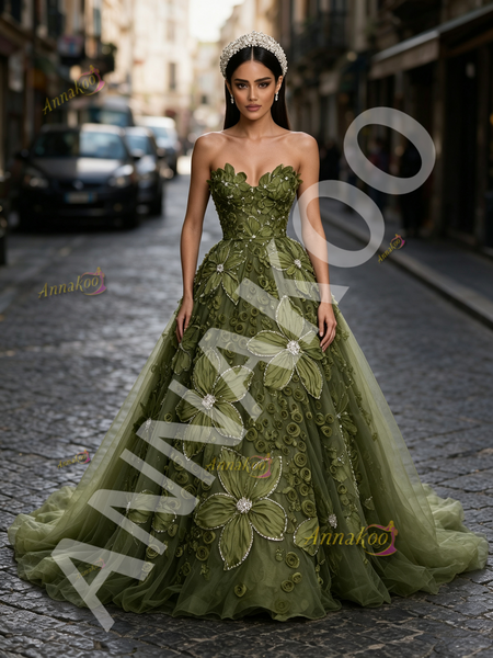 Shop 2026 ANNAKOO Olive Green Tulle Sweetheart Rose Pearls Prom Dress Under 349