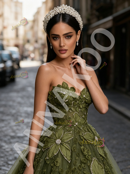 Shop 2026 ANNAKOO Olive Green Tulle Sweetheart Rose Pearls Prom Dress Under 349