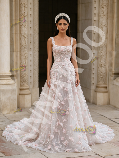 Shop 2026 ANNAKOO Straps A Line Pink Flowers Tulle Prom Dress Under 299